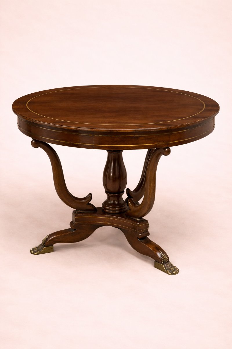 Table ronde Empire – acajou avec incrustations et pieds griffes -photo-4