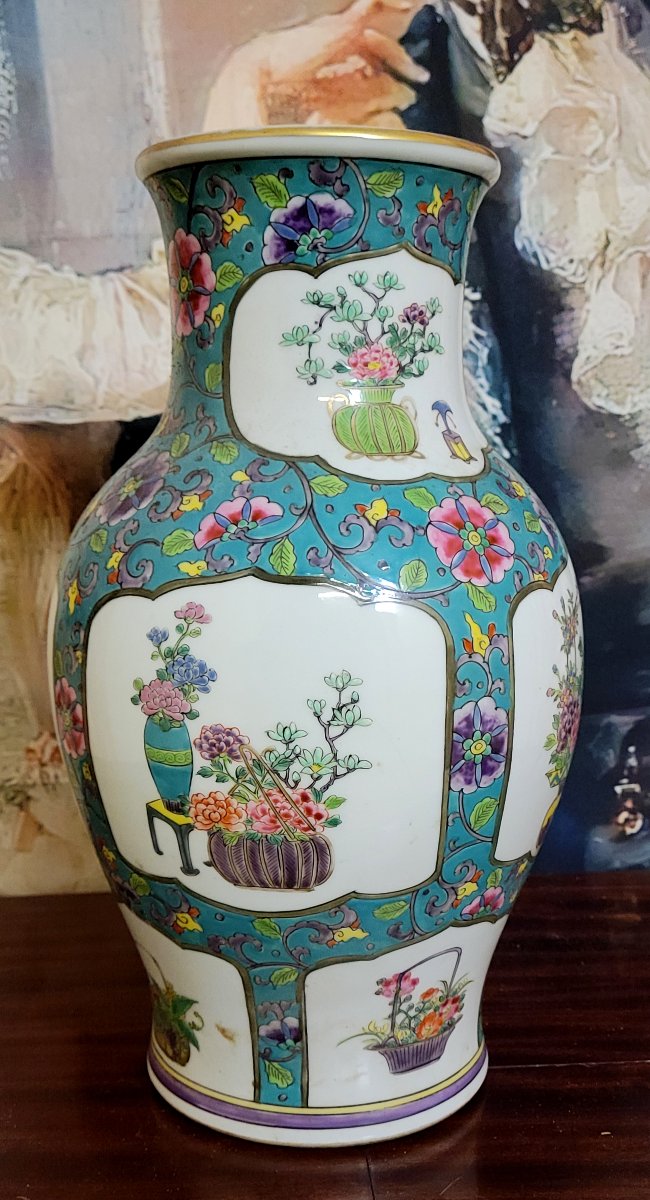 Vase en porcelaine décor floral – Style asiatique - XXeme  -photo-1