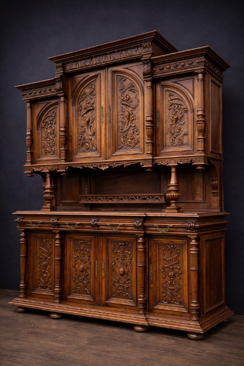 Très Important Buffet a huit portes Renaissance en noyer massif -photo-3