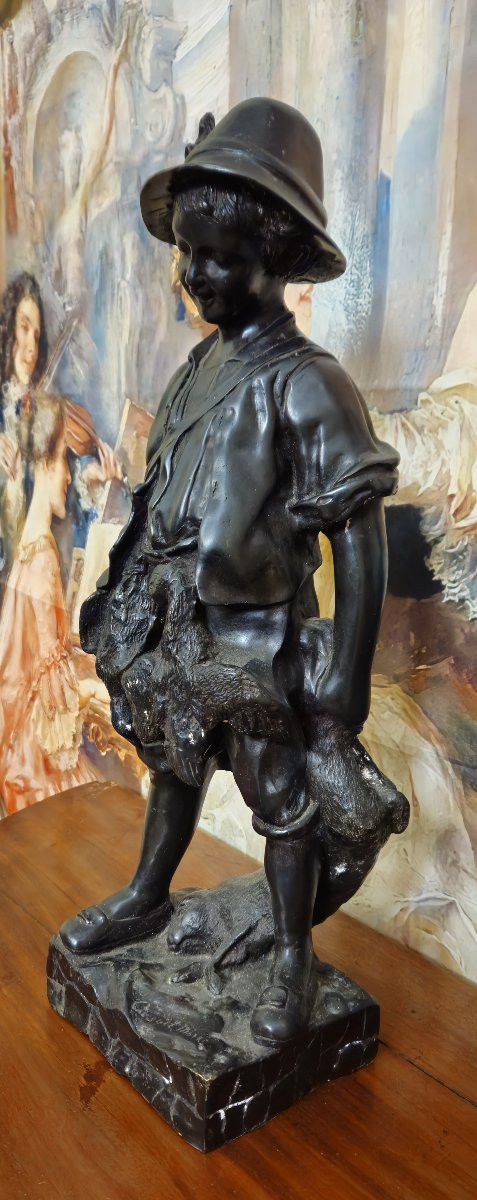 Auguste Moreau (d'après) : Le petit chasseur - Bronze patiné -photo-1
