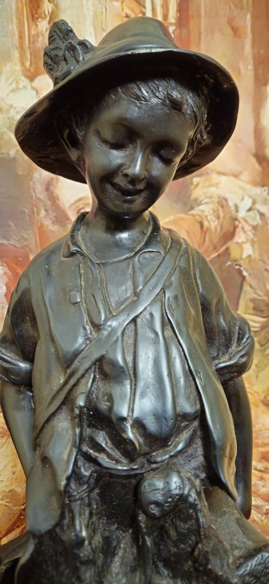 Auguste Moreau (d'après) : Le petit chasseur - Bronze patiné -photo-4