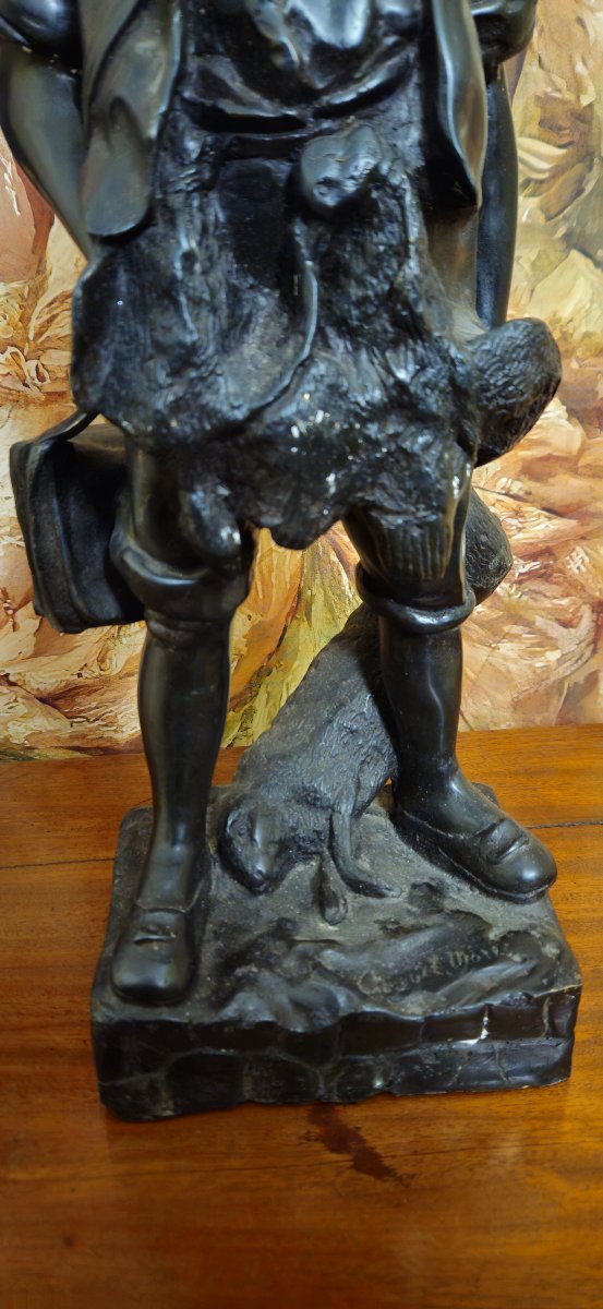 Auguste Moreau (d'après) : Le petit chasseur - Bronze patiné -photo-5