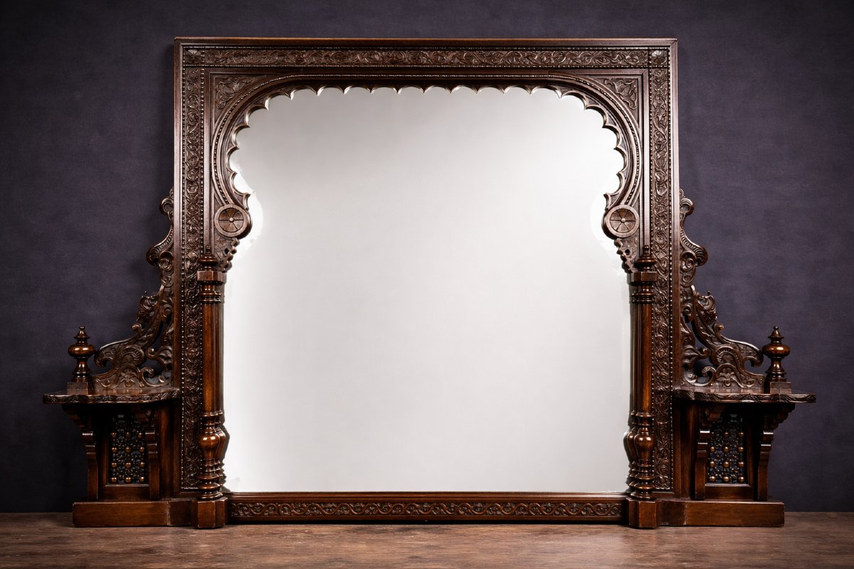 Antique Monumental Mirror In Carved Wood – Orientalist/moorish Style – Late 19th Century  -photo-4