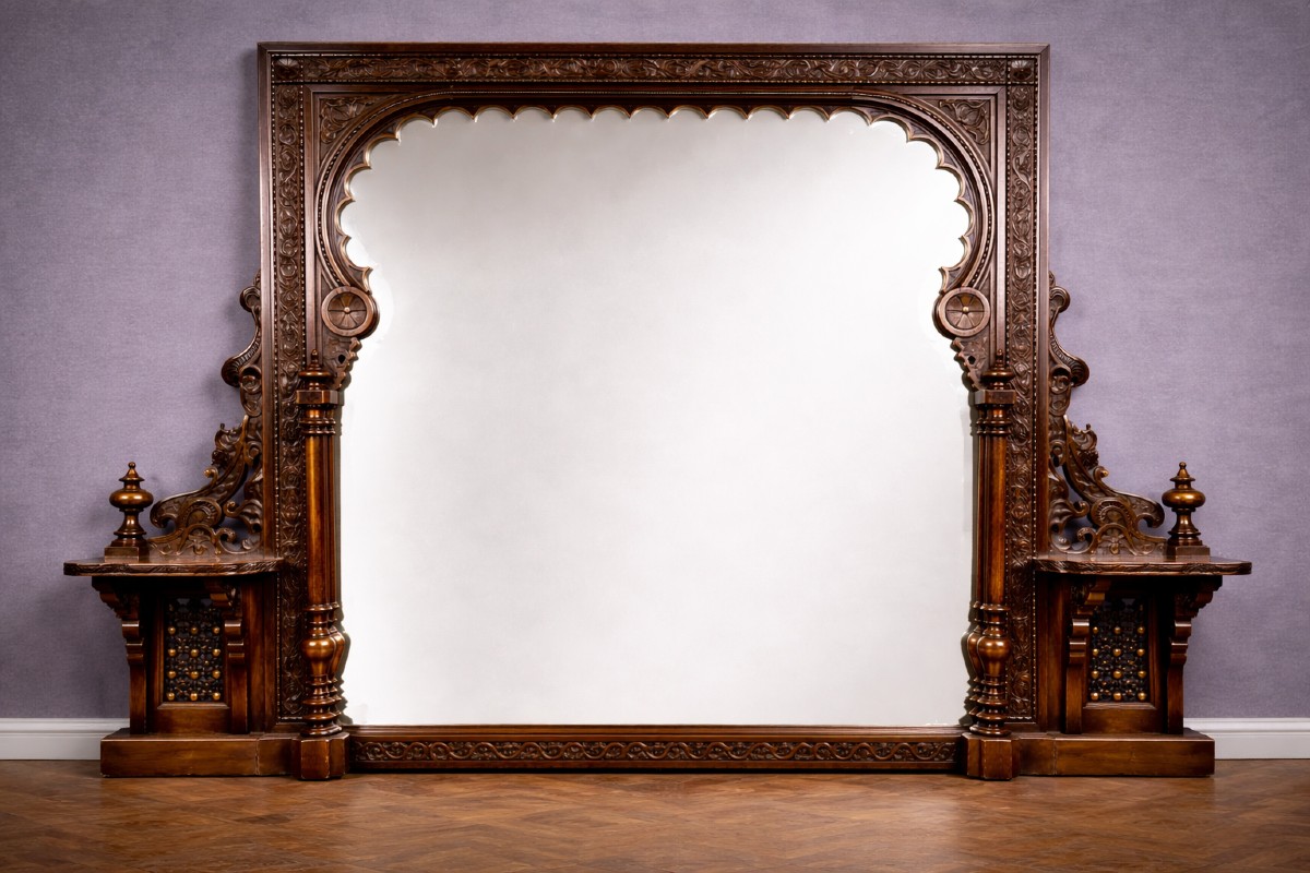 Antique Monumental Mirror In Carved Wood – Orientalist/moorish Style – Late 19th Century  