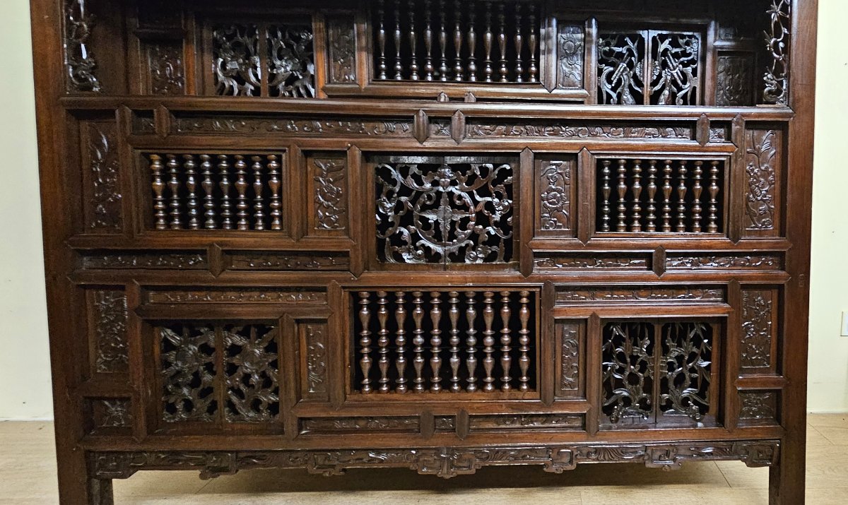 19th Century Asia: Antique Cabinet Carved In Mahogany (chinese Or Indochinese Art) -photo-6