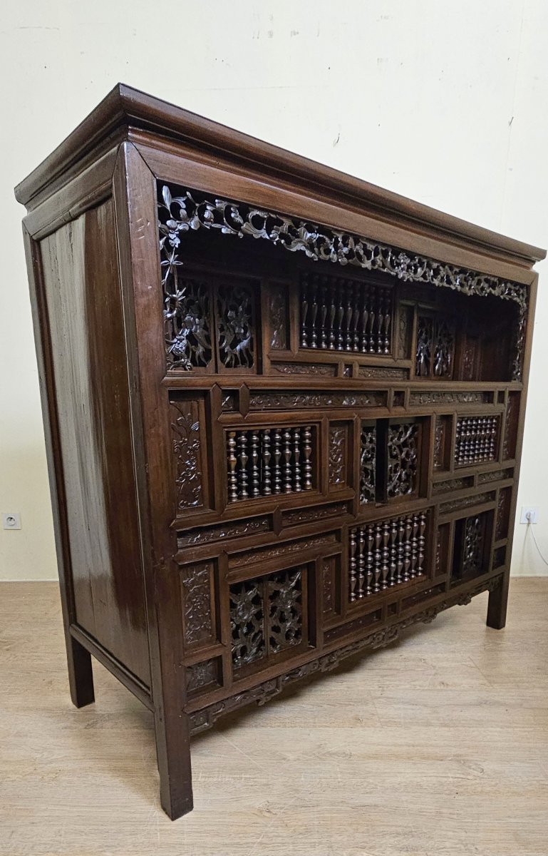 19th Century Asia: Antique Cabinet Carved In Mahogany (chinese Or Indochinese Art) -photo-7