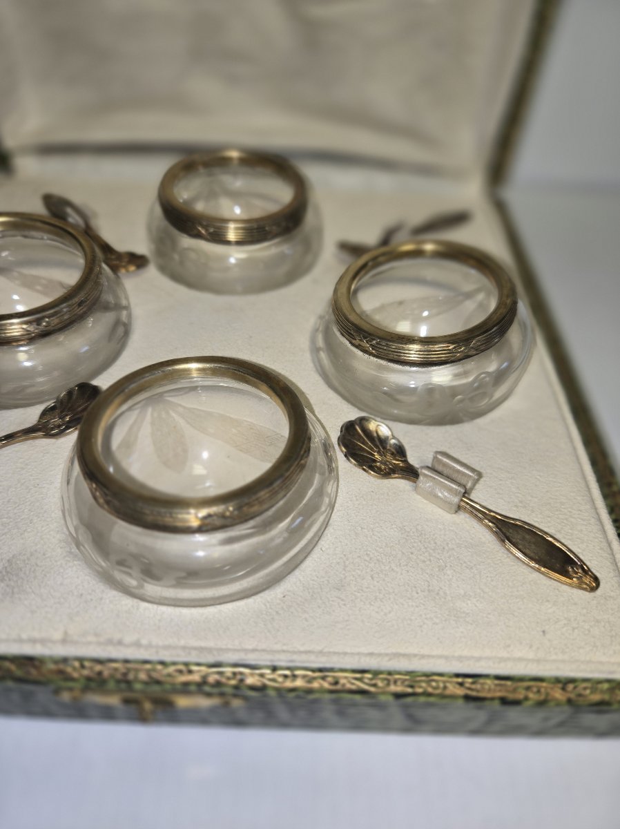 Antique Crystal Salt Cellar With Spoons – Early 20th Century  -photo-3