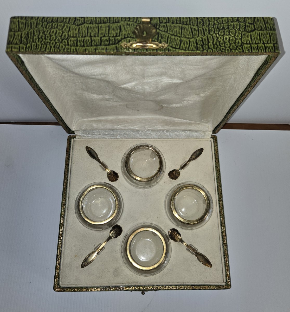 Antique Crystal Salt Cellar With Spoons – Early 20th Century  -photo-8