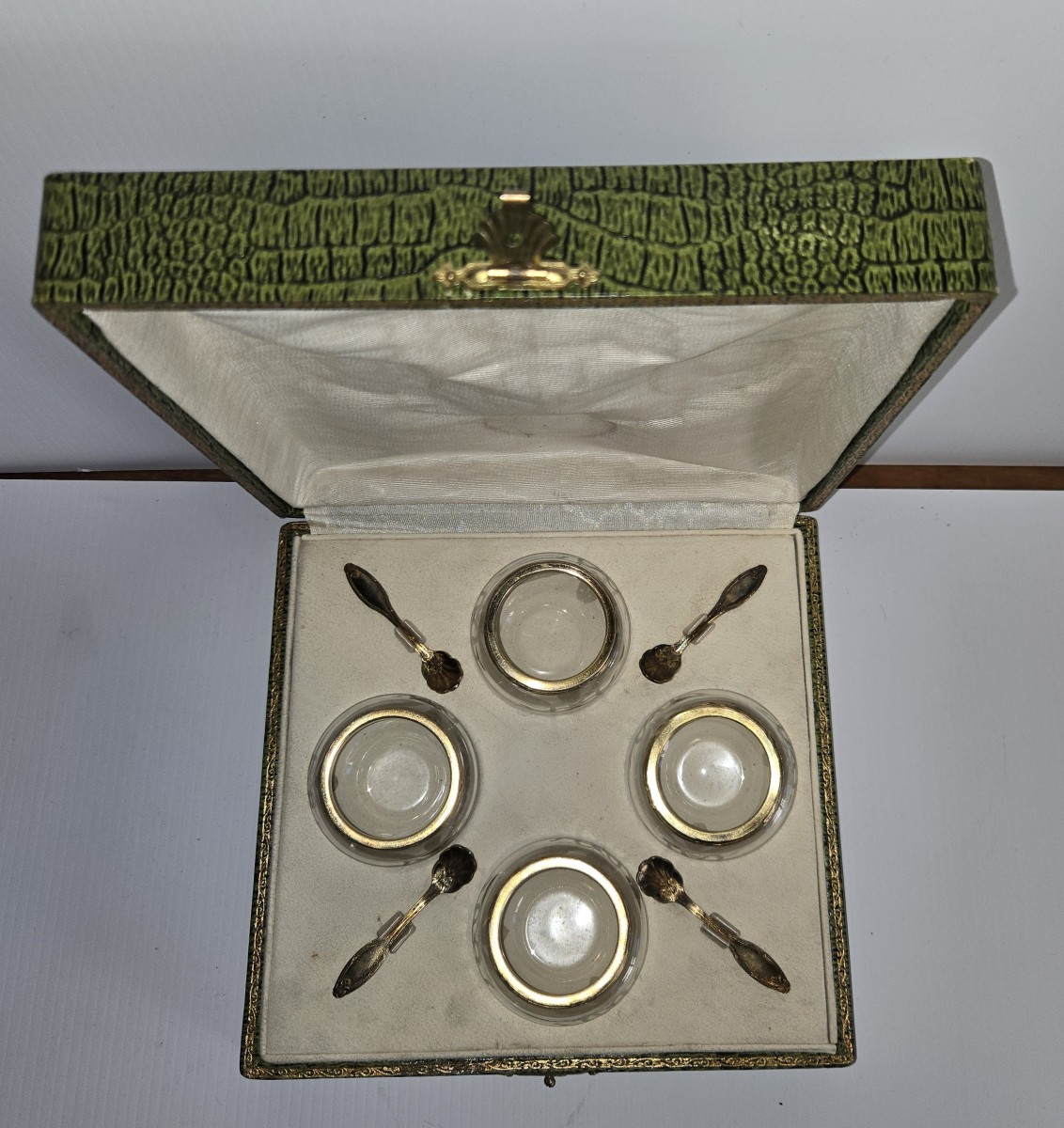 Antique Crystal Salt Cellar With Spoons – Early 20th Century  