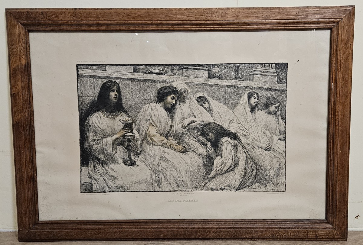 Grande estampe ancienne encadrée – Les Dix Vierges - 112 x 78 cm  