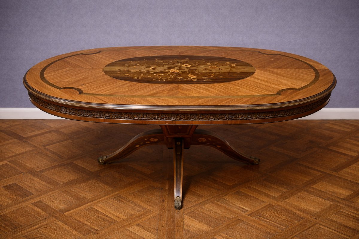 Antique Oval Marquetry Pedestal Table – Napoleon III Style / 20th Century -photo-5