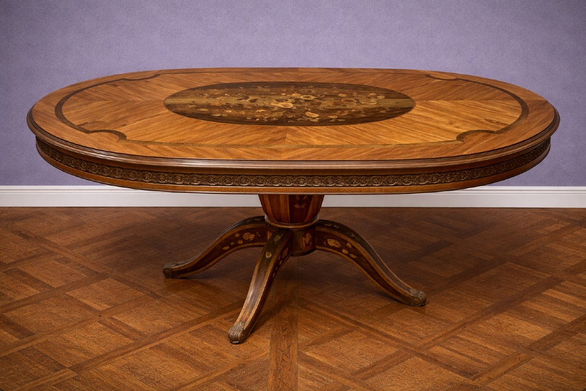 Antique Oval Marquetry Pedestal Table – Napoleon III Style / 20th Century 