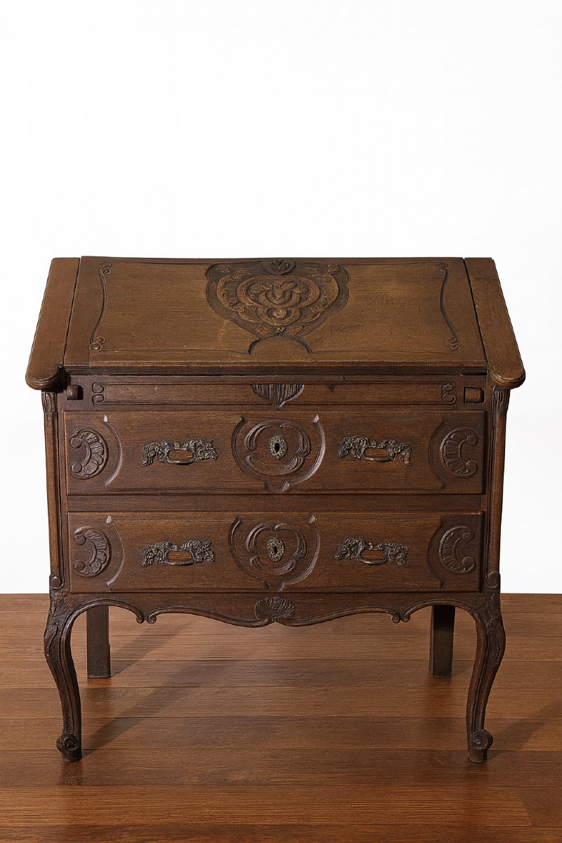 Antique Secretary Desk In Richly Carved Solid Wood, In The Louis XV Style-photo-3