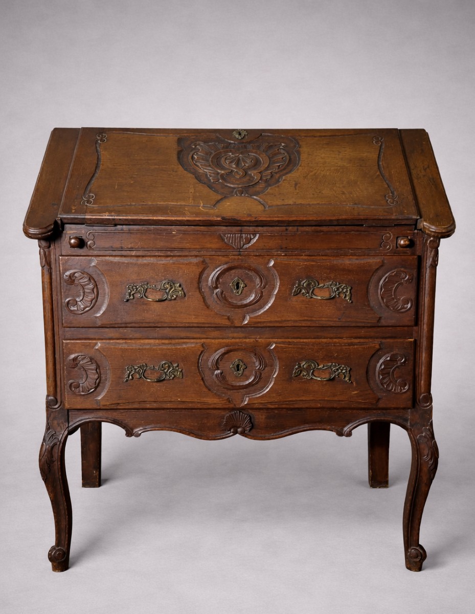 Antique Secretary Desk In Richly Carved Solid Wood, In The Louis XV Style