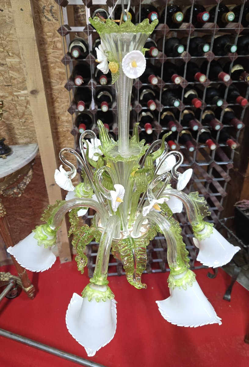 Murano: Chandelier In Colored Blown Glass, With A Refined Floral Decoration-photo-3