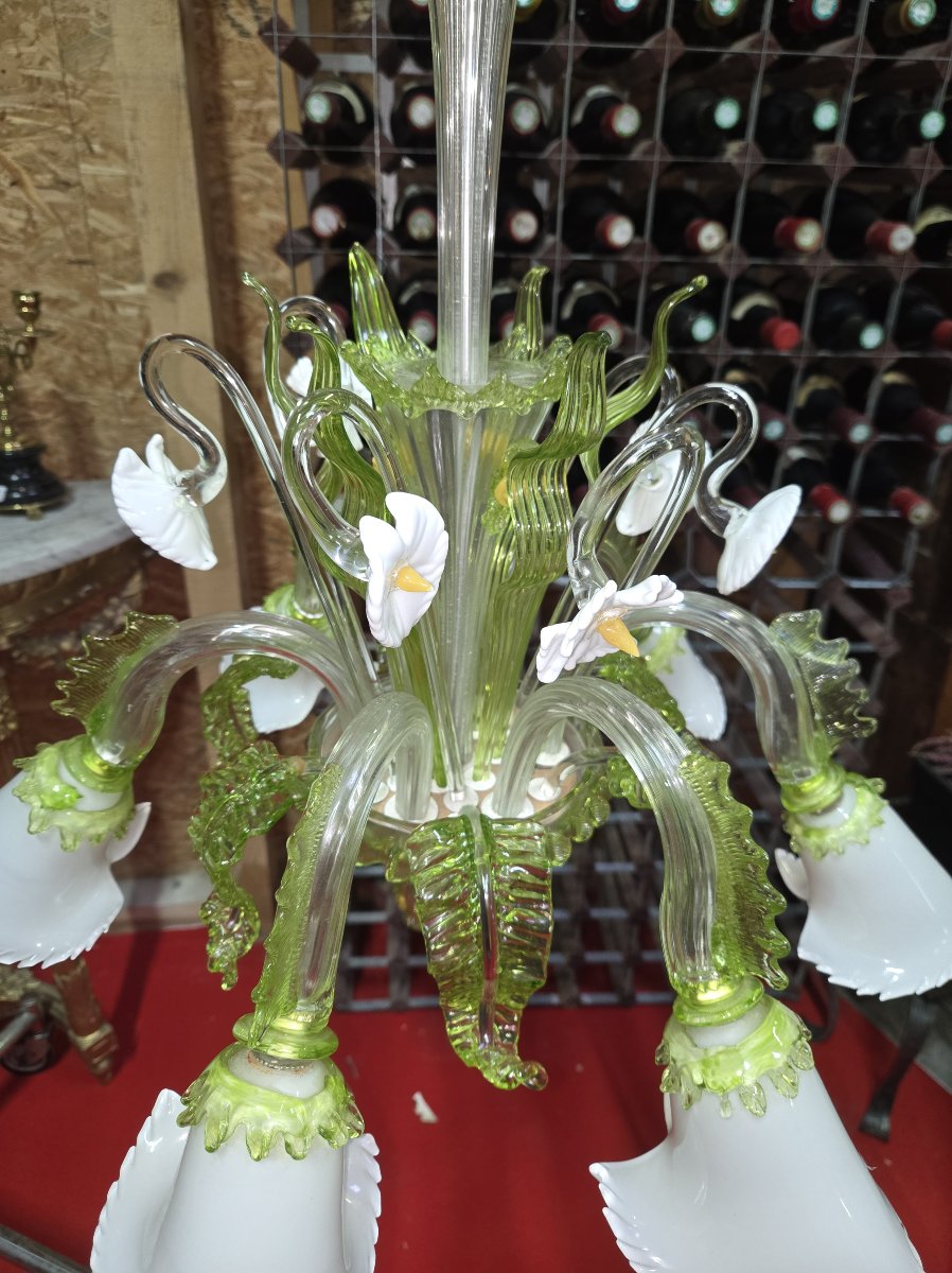 Murano: Chandelier In Colored Blown Glass, With A Refined Floral Decoration-photo-5