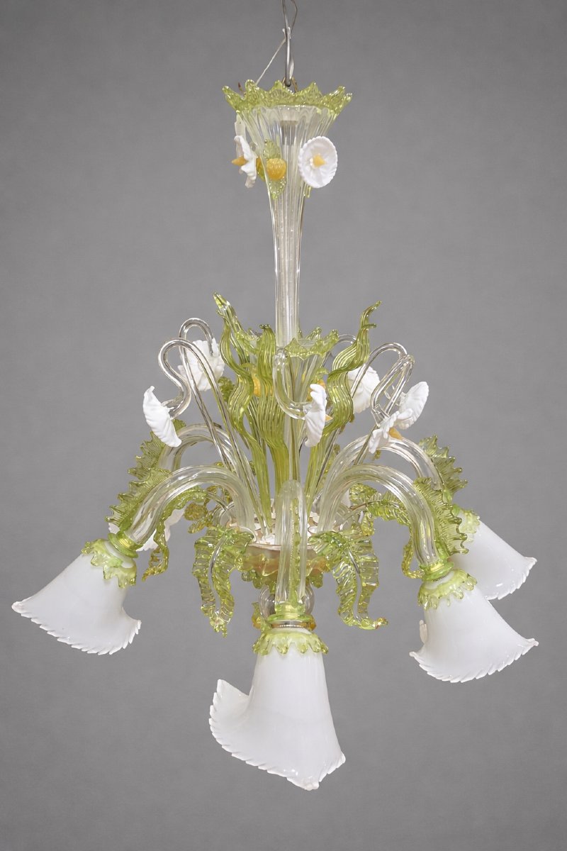 Murano: Chandelier In Colored Blown Glass, With A Refined Floral Decoration-photo-8