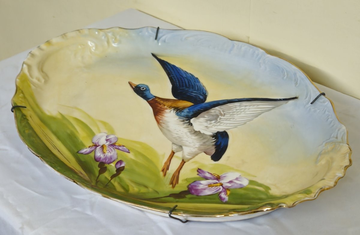 Plat décoratif ancien en porcelaine – décor canard en vol  -photo-2
