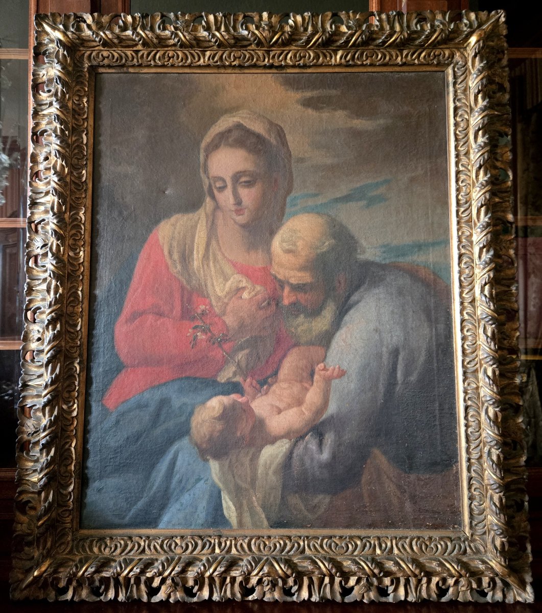 Tableau ancien – École Italienne Huile sur toile représentant la Sainte Famille-photo-1