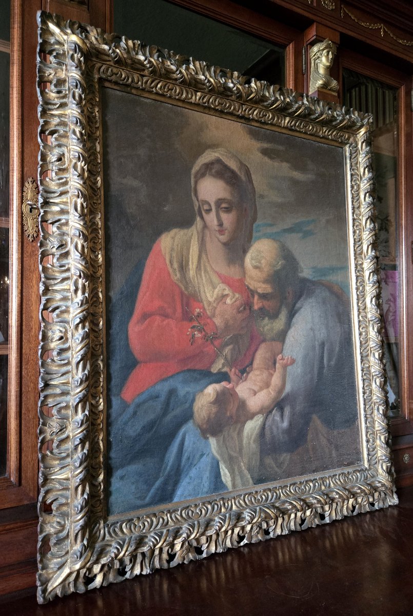 Tableau ancien – École Italienne Huile sur toile représentant la Sainte Famille-photo-2