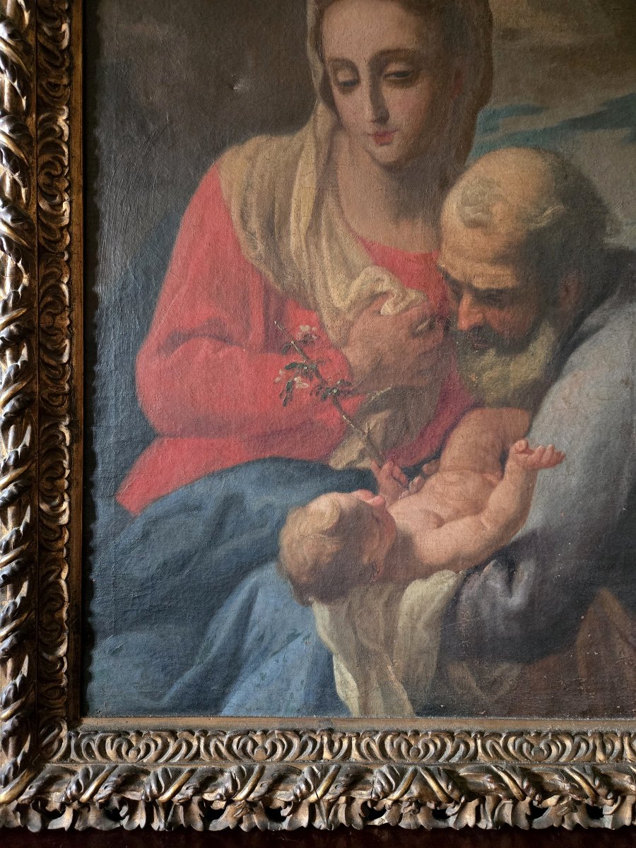 Tableau ancien – École Italienne Huile sur toile représentant la Sainte Famille-photo-4