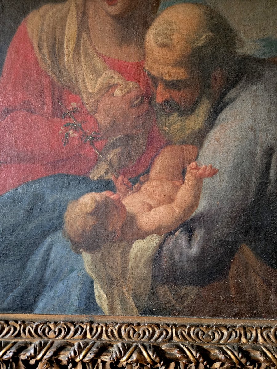 Tableau ancien – École Italienne Huile sur toile représentant la Sainte Famille-photo-5