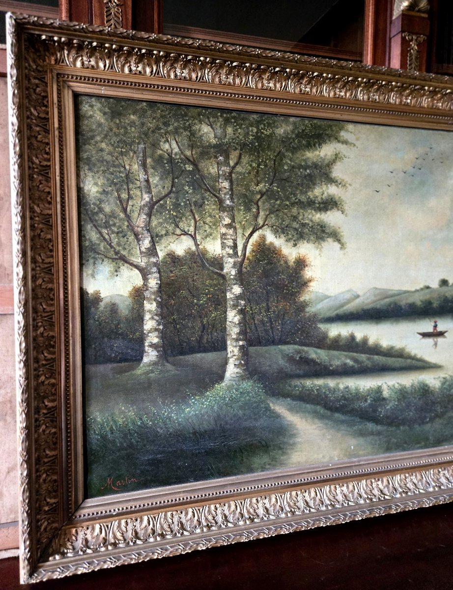 Lively Lakeside Landscape – Barbizon School, 19th Century – Oil On Canvas -photo-2