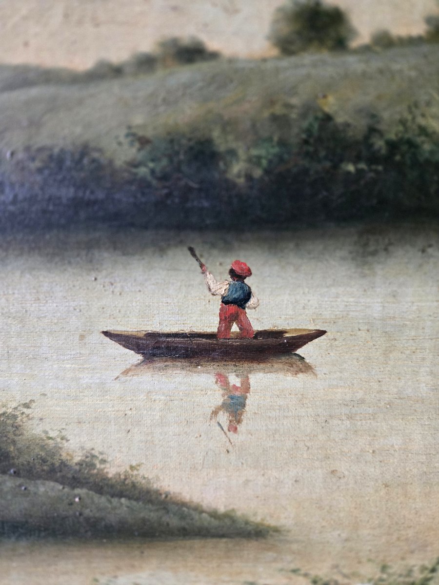 Lively Lakeside Landscape – Barbizon School, 19th Century – Oil On Canvas -photo-4