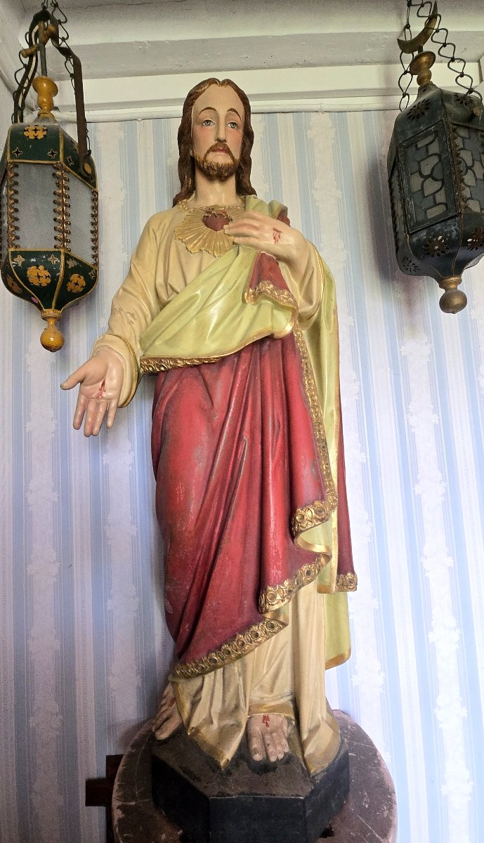 Statue du Sacré-Cœur de Jésus en terre cuite polychrome – XVIIIᵉ siècle  -photo-2