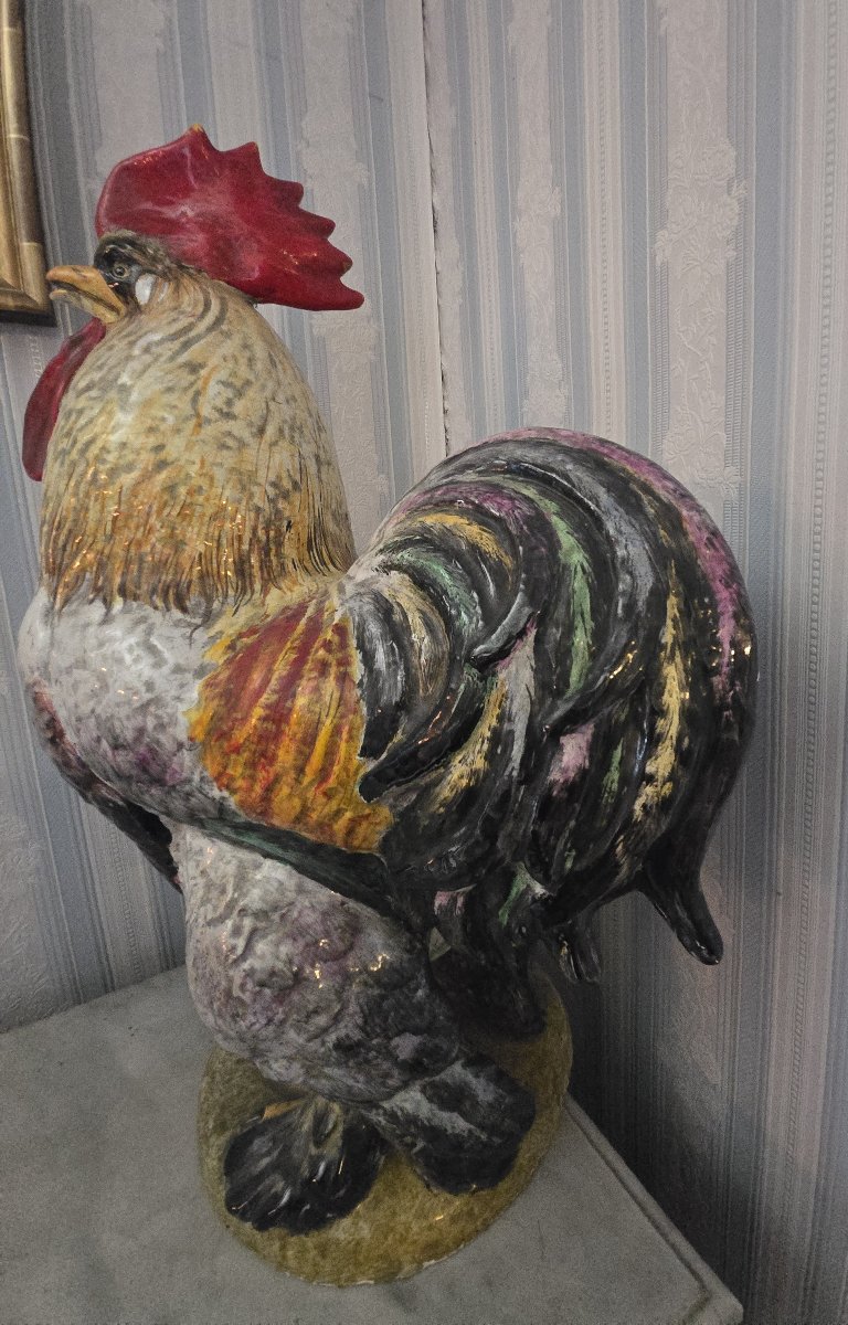 Important Decorative Polychrome Ceramic Rooster – 20th Century-photo-3