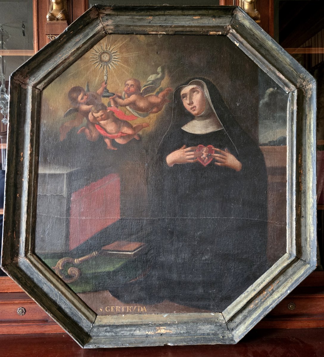 Huile sur toile représentant Sainte Gertrude Époque XVIe siècle  -photo-2