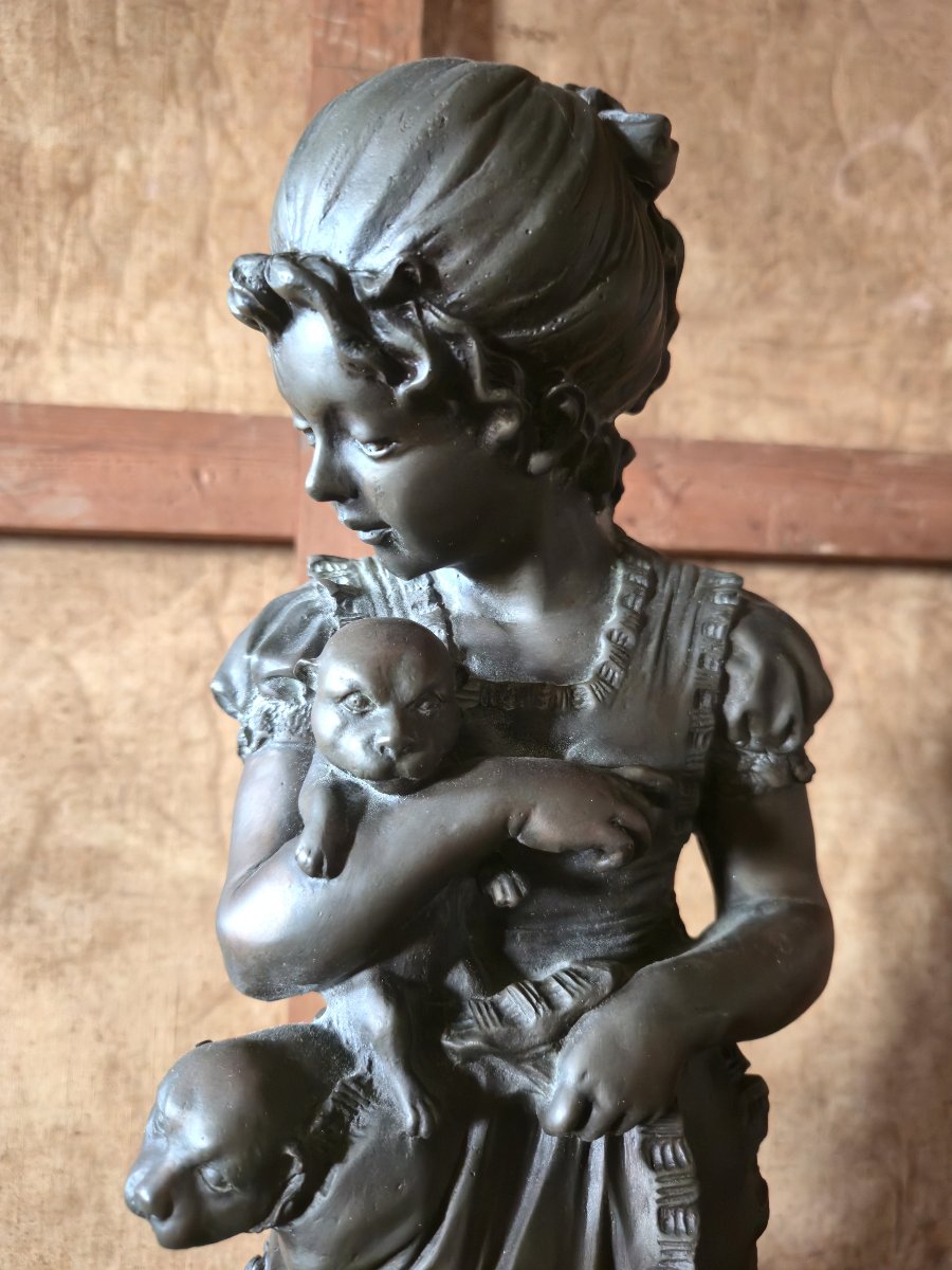 Sculpture en bronze – Enfant à la fillette et au chien Époque : XXᵉ siècle -photo-1