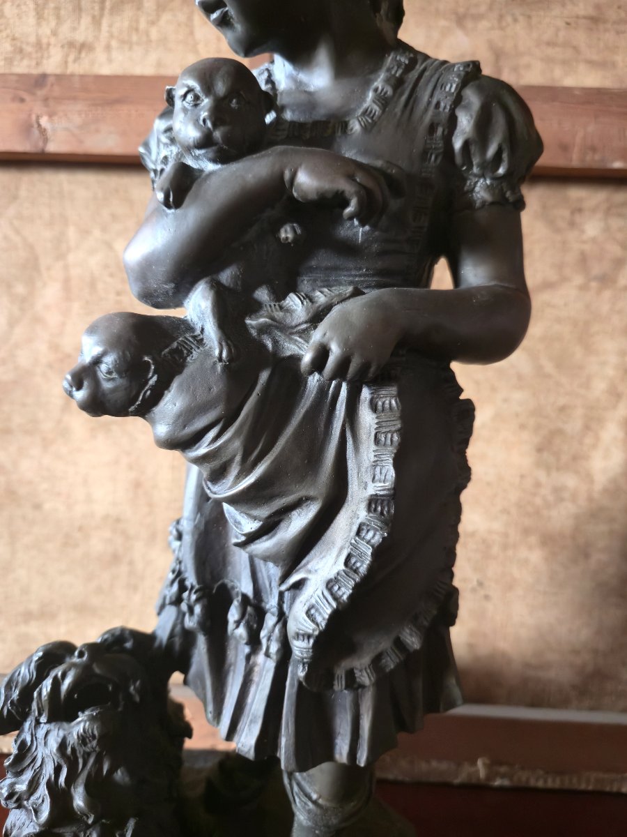 Sculpture en bronze – Enfant à la fillette et au chien Époque : XXᵉ siècle -photo-2