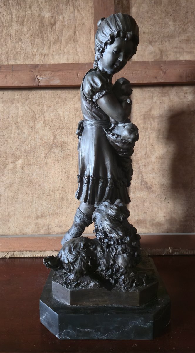 Sculpture en bronze – Enfant à la fillette et au chien Époque : XXᵉ siècle -photo-8