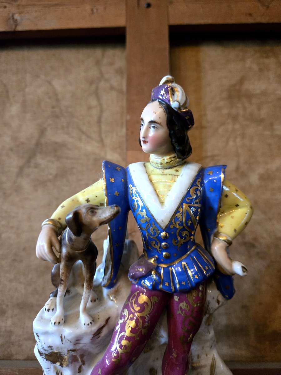 Sujet en porcelaine de Paris – Personnage Renaissance au chien-photo-1