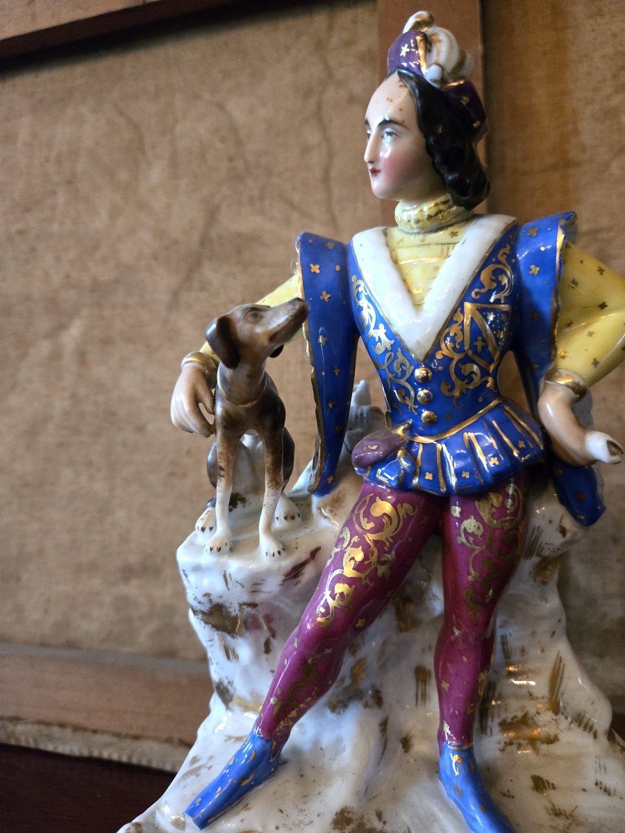 Sujet en porcelaine de Paris – Personnage Renaissance au chien-photo-2