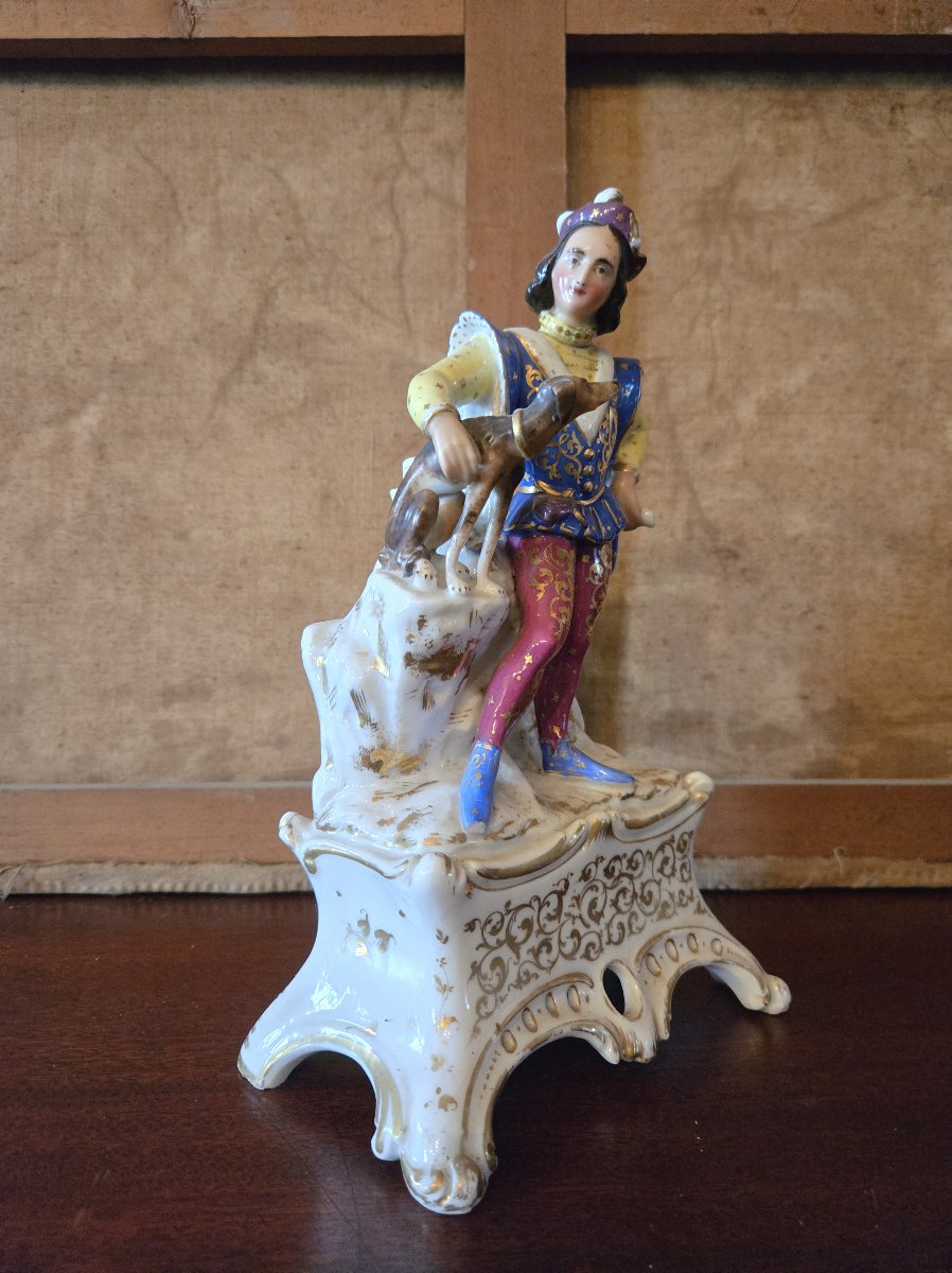 Sujet en porcelaine de Paris – Personnage Renaissance au chien-photo-4