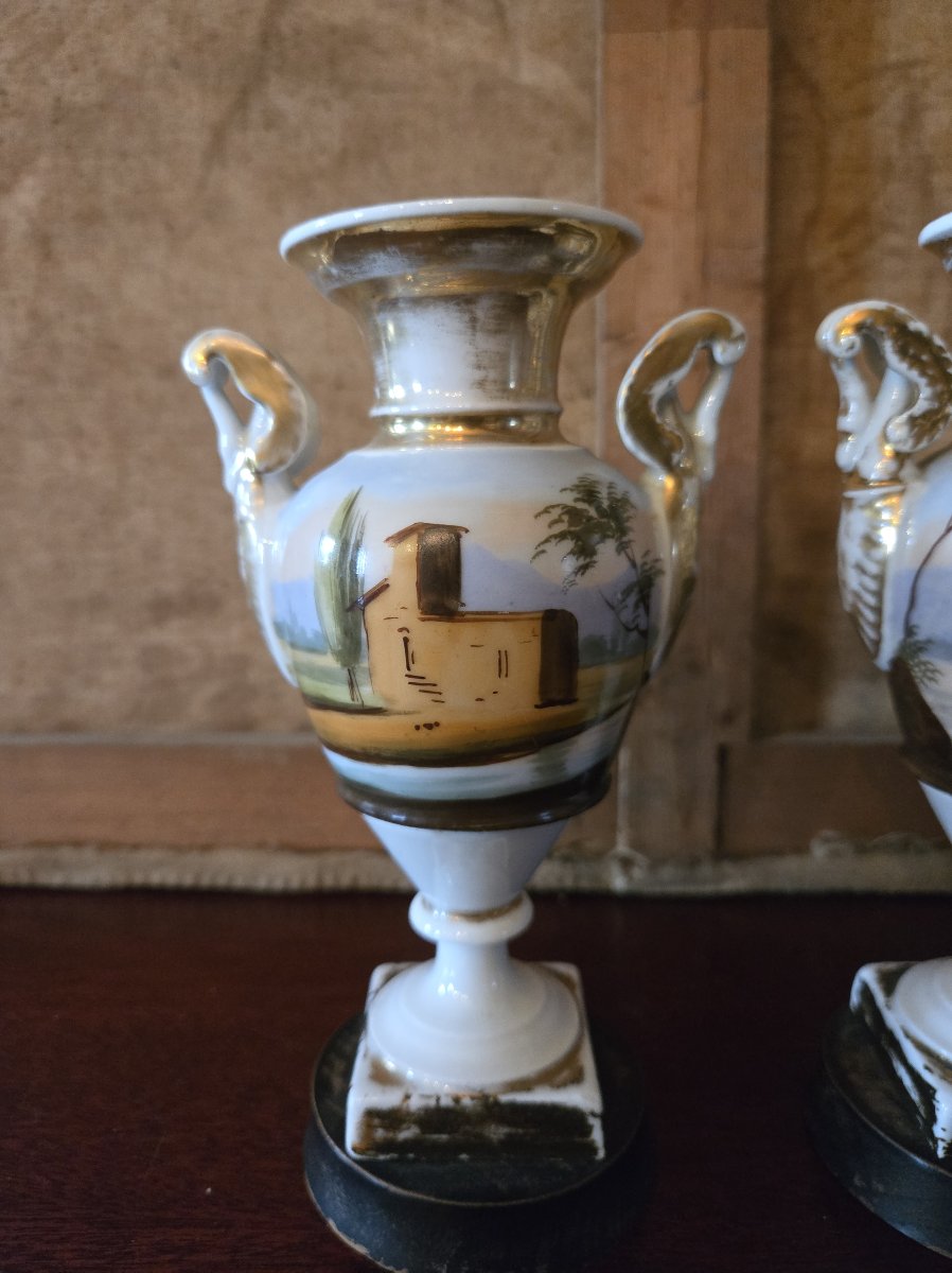 Paire de vases balustres Empire en porcelaine de Paris – Décor de paysages -photo-2