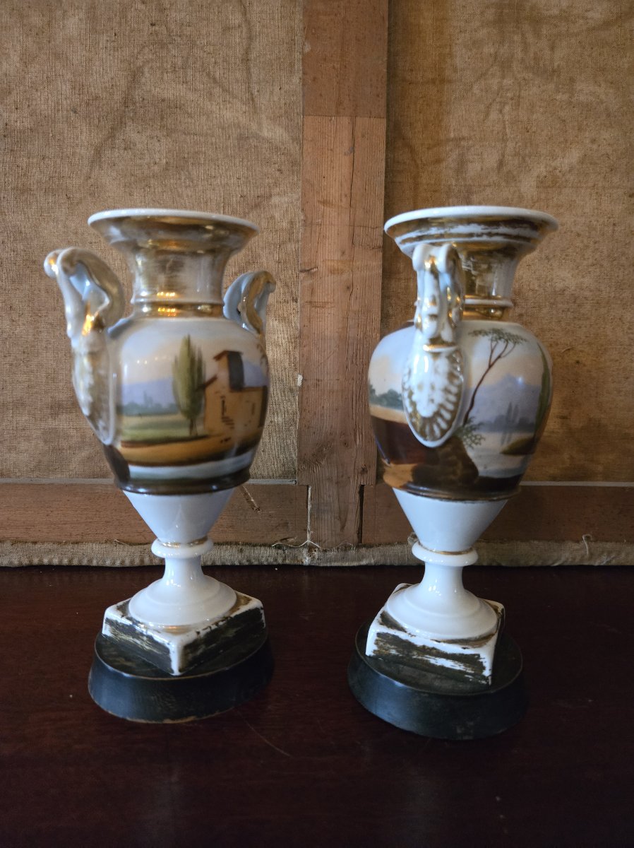 Paire de vases balustres Empire en porcelaine de Paris – Décor de paysages -photo-4
