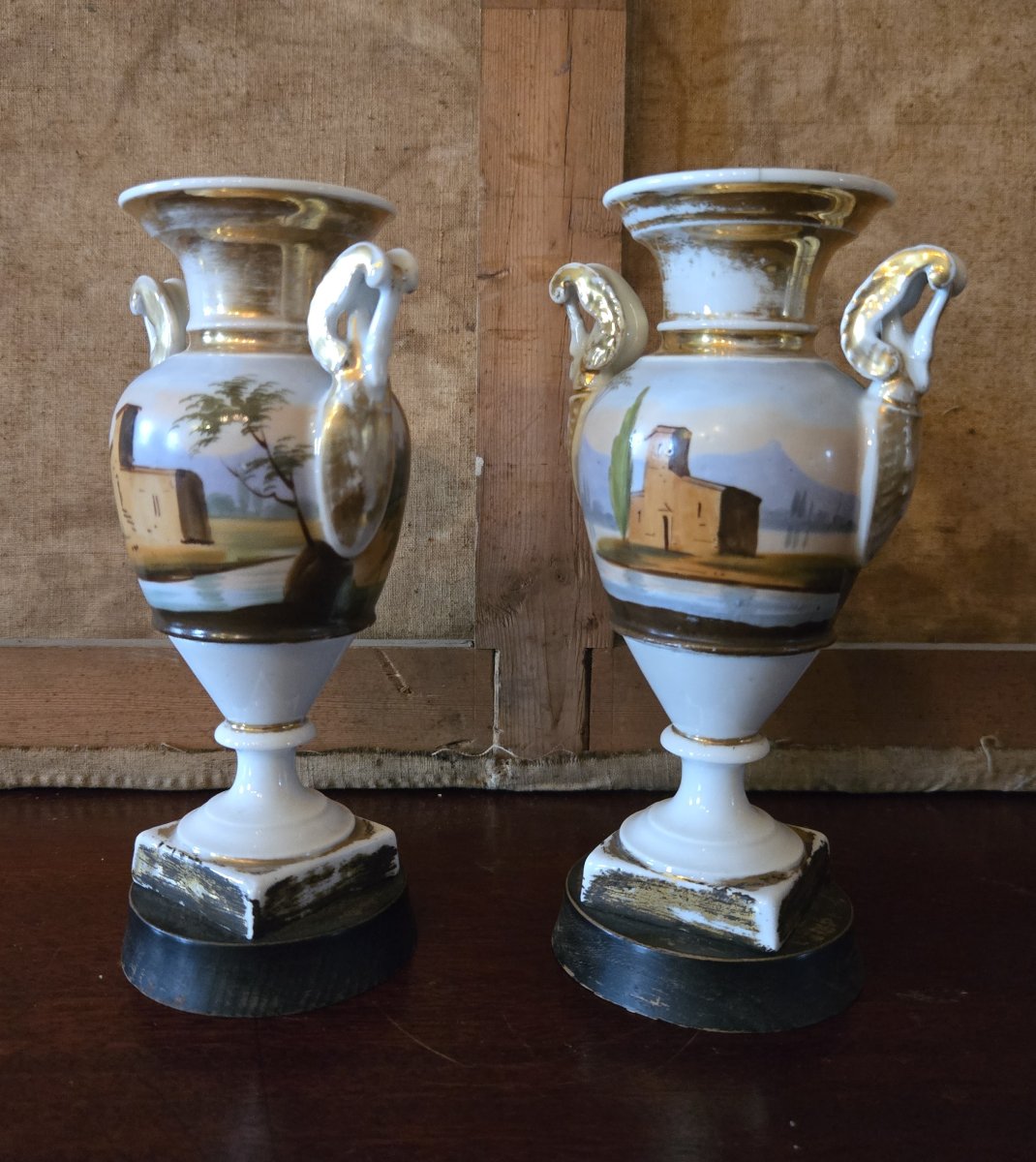 Paire de vases balustres Empire en porcelaine de Paris – Décor de paysages -photo-5