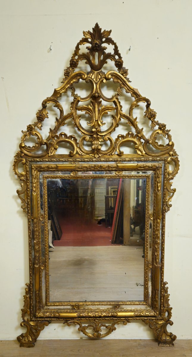 Very Large Antique Mirror In Carved And Gilded Wood – Rococo/louis XV Style – H 185cm    -photo-1