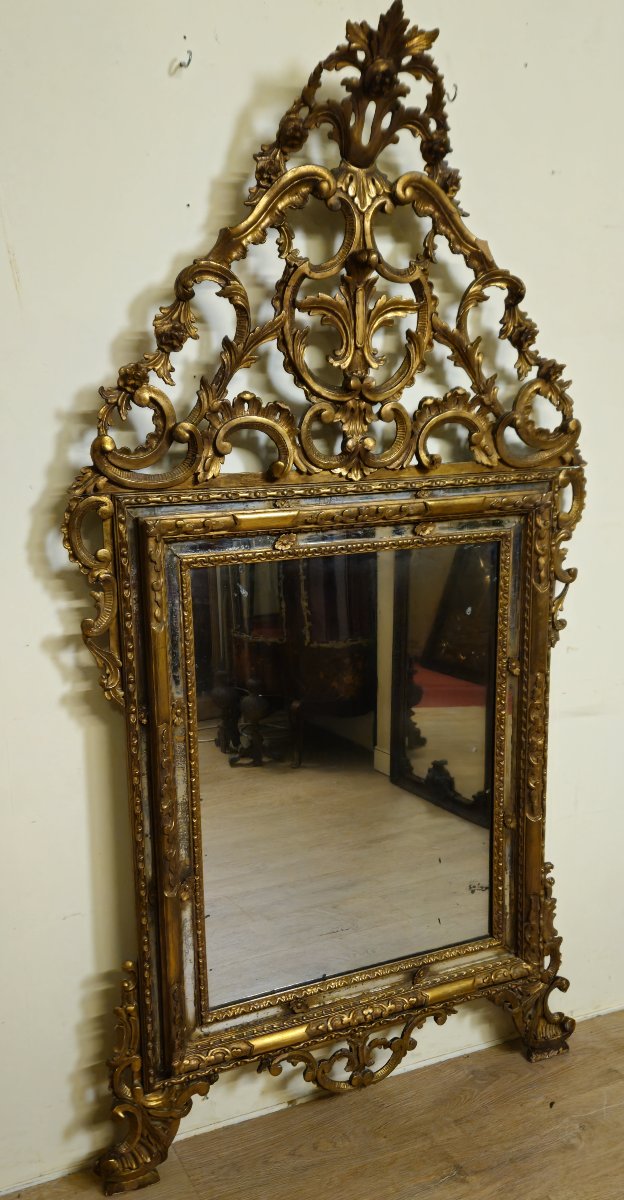 Very Large Antique Mirror In Carved And Gilded Wood – Rococo/louis XV Style – H 185cm    -photo-3