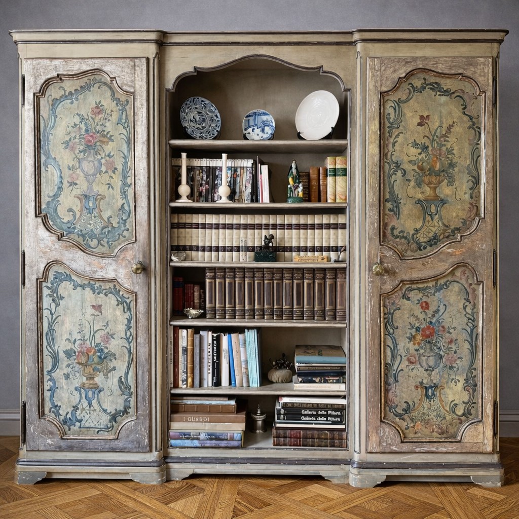 Bibliothèque / Bibus / Armoire peinte de style XVIIIe – Décor floral polychrome  