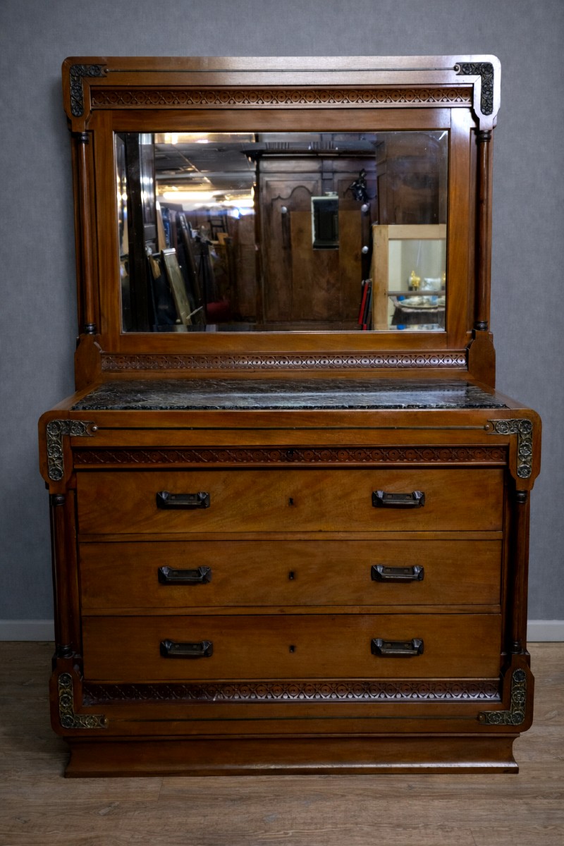 Empire Style Mirrored Chest Of Drawers / Mahogany & Marble – Early 20th Century 