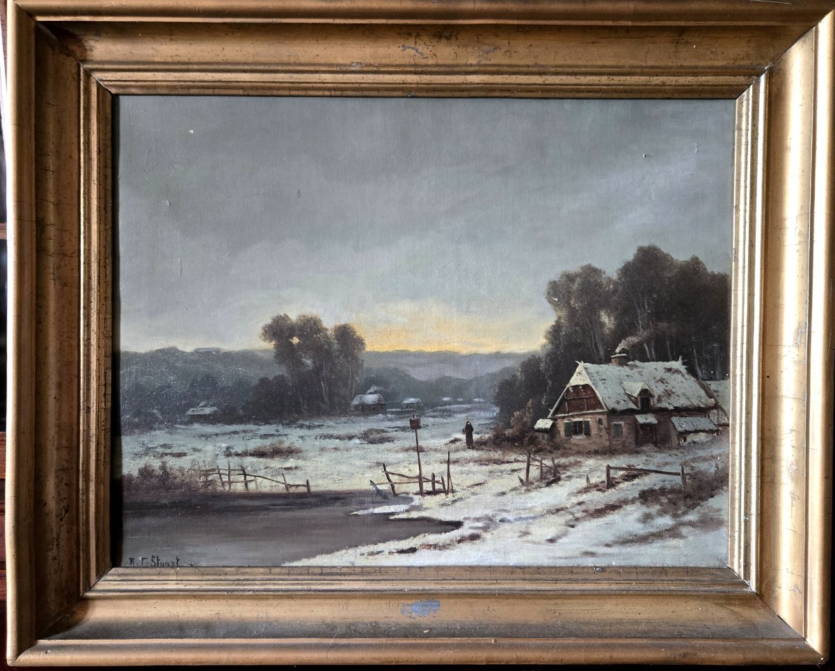 Tableau ancien – Paysage d’hiver animé – Signé R.T. Stuart – Huile sur toile – -photo-1