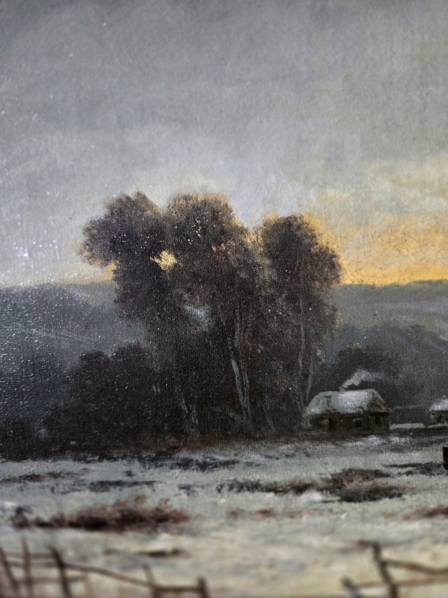 Tableau ancien – Paysage d’hiver animé – Signé R.T. Stuart – Huile sur toile – -photo-5