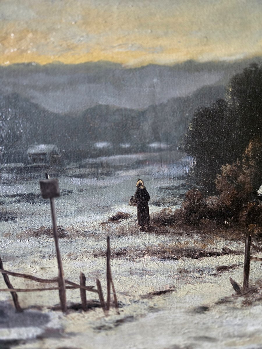 Tableau ancien – Paysage d’hiver animé – Signé R.T. Stuart – Huile sur toile – -photo-6