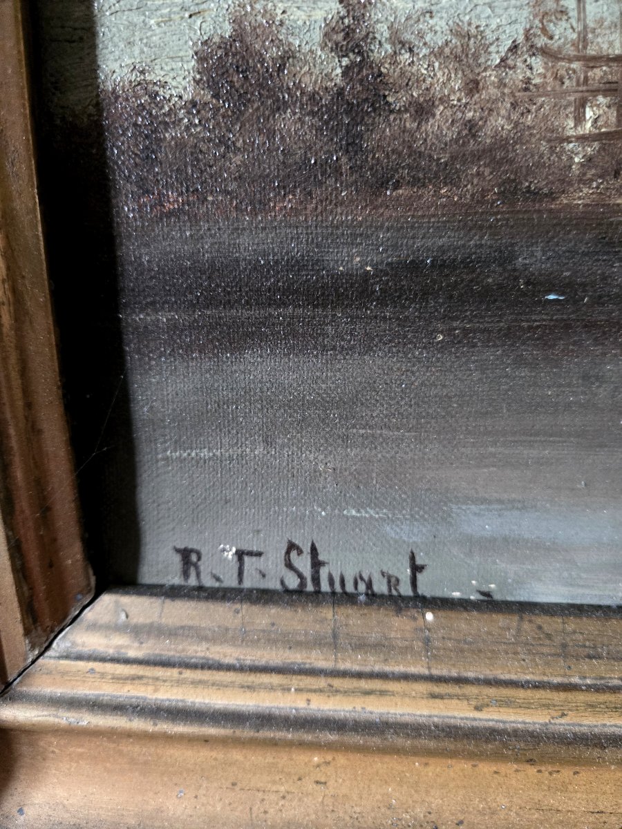 Tableau ancien – Paysage d’hiver animé – Signé R.T. Stuart – Huile sur toile – -photo-7