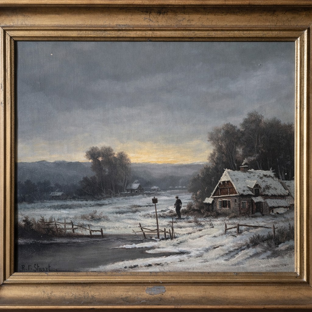 Tableau ancien – Paysage d’hiver animé – Signé R.T. Stuart – Huile sur toile – 
