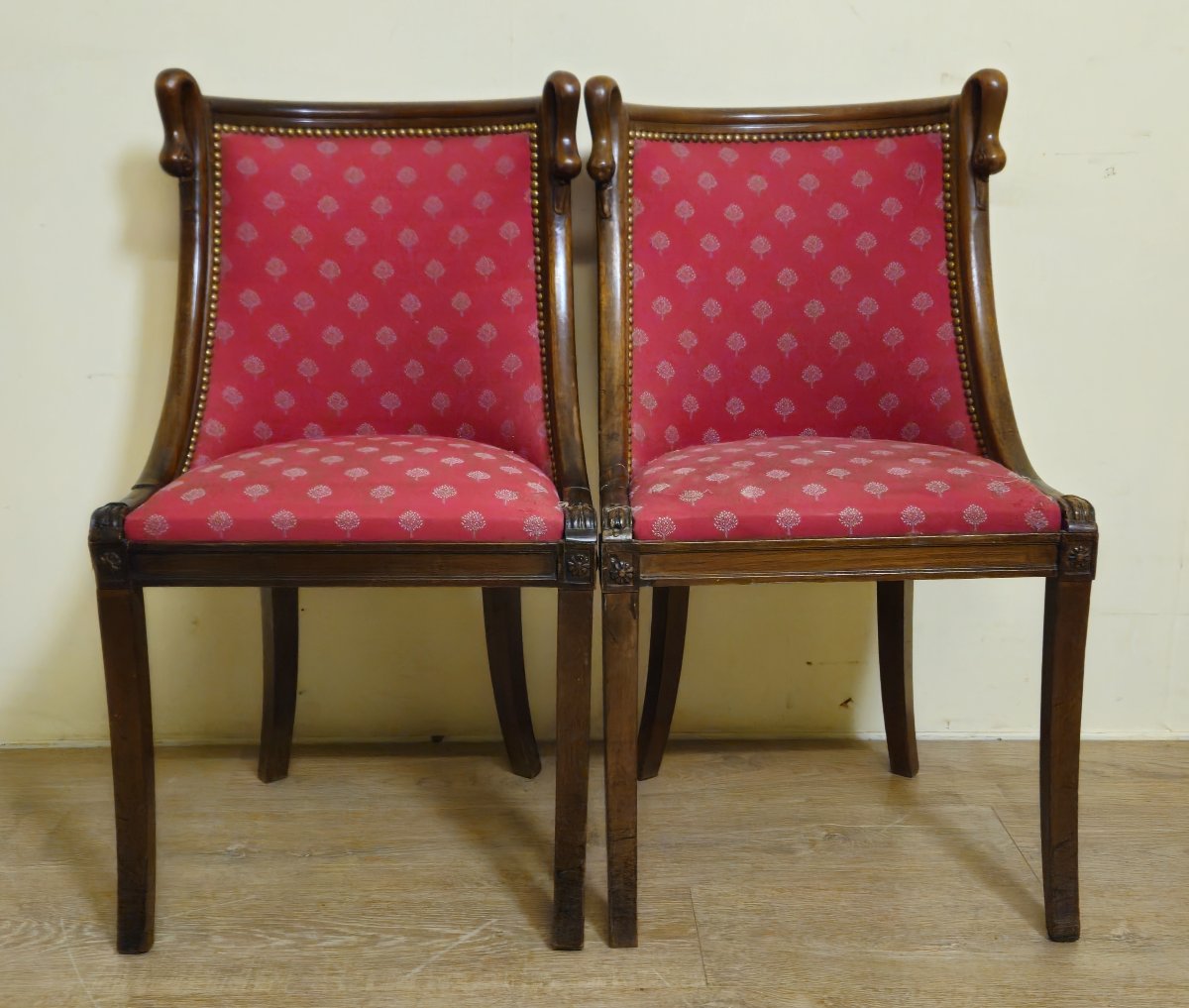 Pair Of Empire Style Armchairs Or Lounge Chairs – Mahogany And Red Fabric    -photo-1